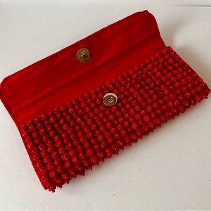 Unique Red Beaded Clutch Handbag Magnetic Snap Lined Excellent Condition